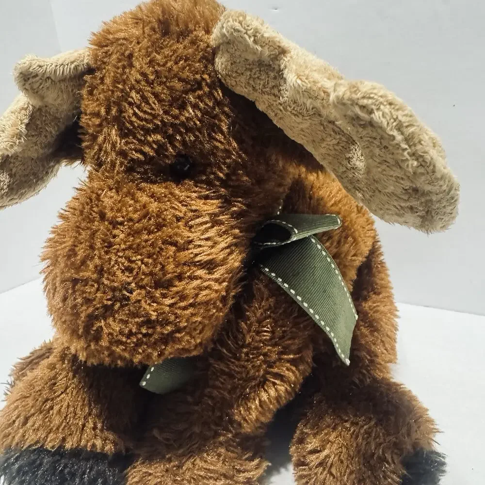 Mary Meyer 12” Sitting Moose Plush Stuffed Animal Brown Green Ribbon Collar